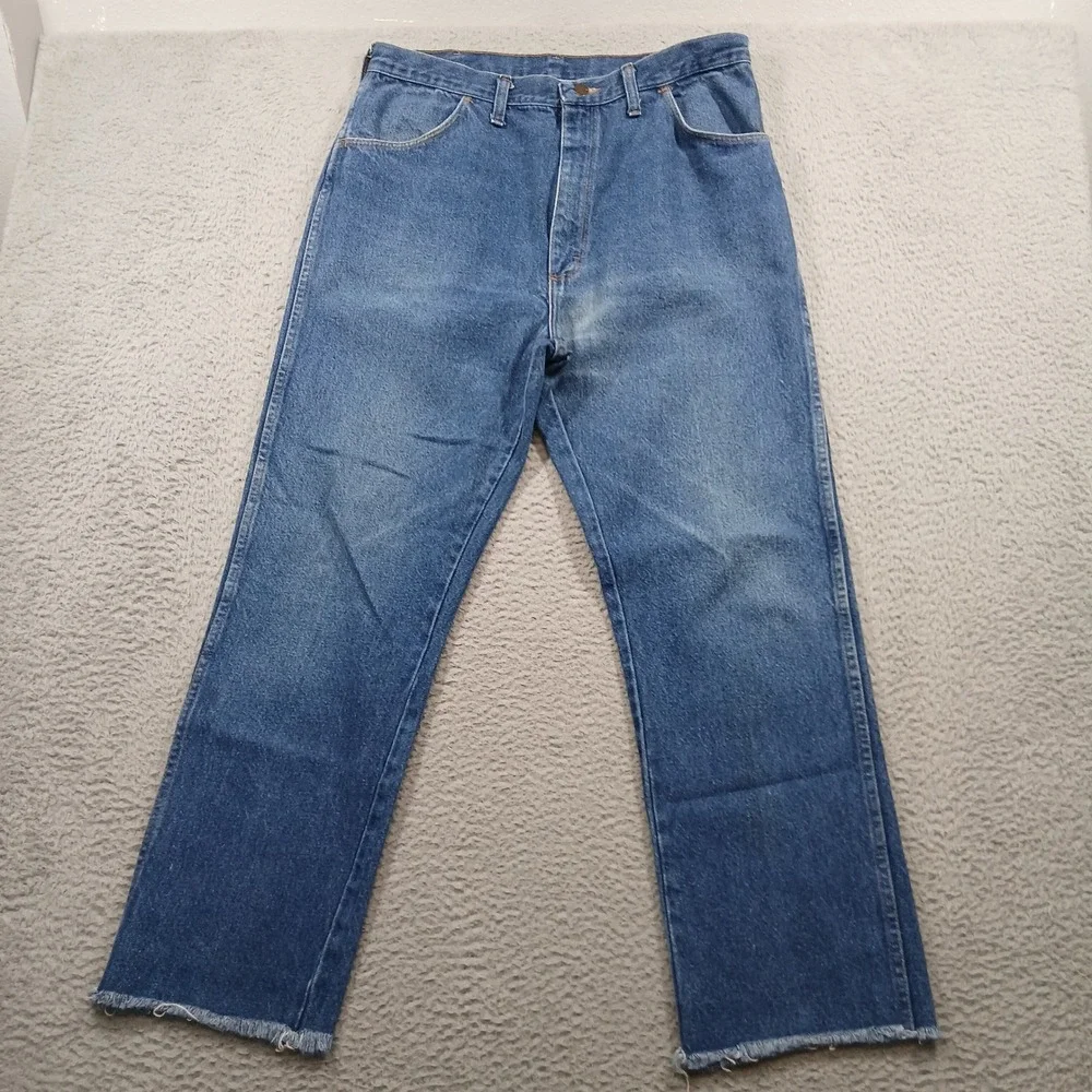 Wrangler Vintage 90s Made in USA Cut-Off Frayed Hem‎ Denim Jeans 38 Blue